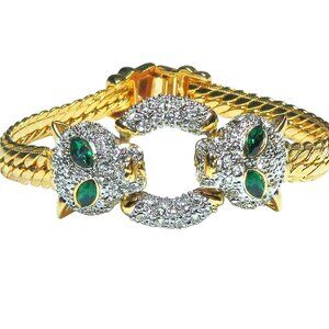 Vintage 1980s Gold Tone Panther Leopard Bracelet with Green & Clear Rhinestones